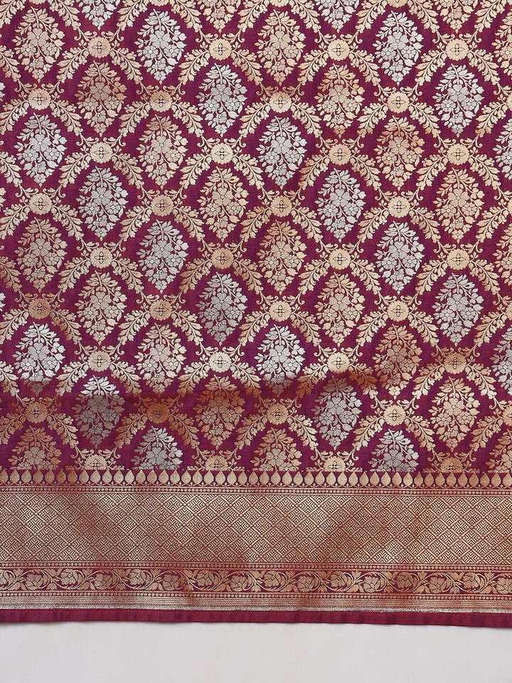 Traditional Banarasi Brocade Saree with Intricate Two-tone Gold Silver Zari Weaving