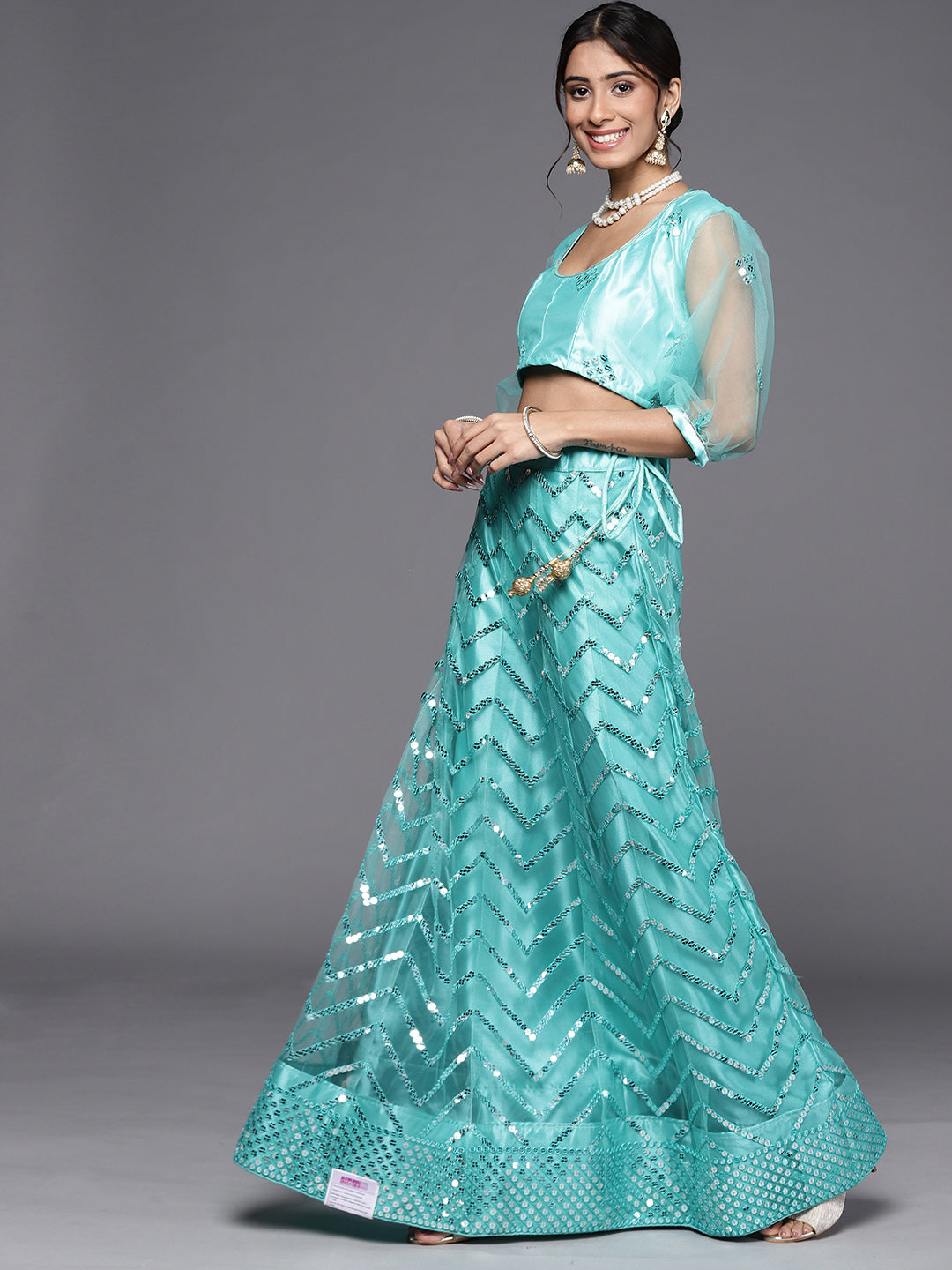 Net Cevron Lehenga Choli Set With Mirror Embroidery