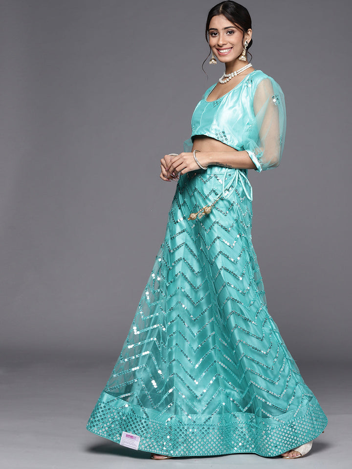 Net Cevron Lehenga Choli Set With Mirror Embroidery