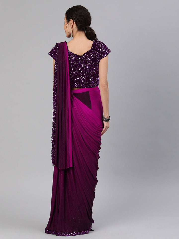 Purple Ruffled Pre-Stitched Draped Ombre Lycra Saree with Frills and Black Sequin Blouse