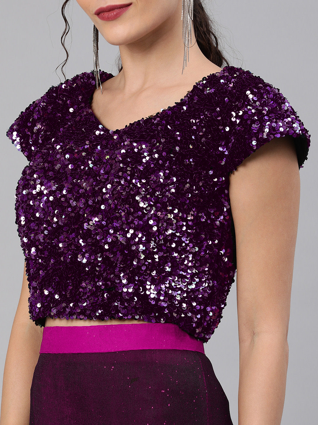 Purple Ruffled Pre-Stitched Draped Ombre Lycra Saree with Frills and Black Sequin Blouse