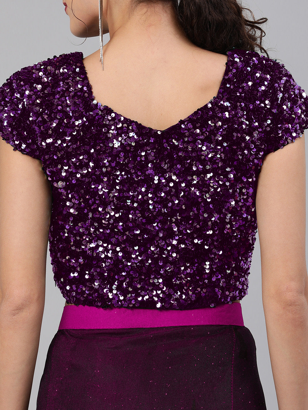 Purple Ruffled Pre-Stitched Draped Ombre Lycra Saree with Frills and Black Sequin Blouse