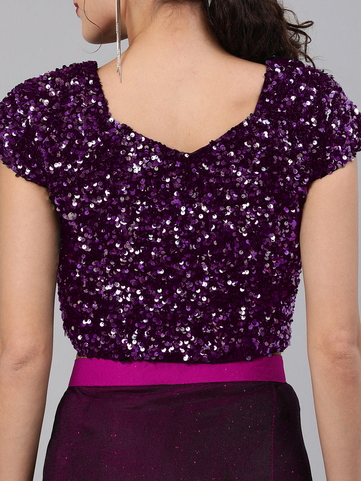 Purple Ruffled Pre-Stitched Draped Ombre Lycra Saree with Frills and Black Sequin Blouse