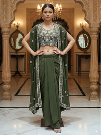 Floral Embroidery Indo-Western Set with Sequinned Shrug, Scalloping & Pleated Dhoti Skirt