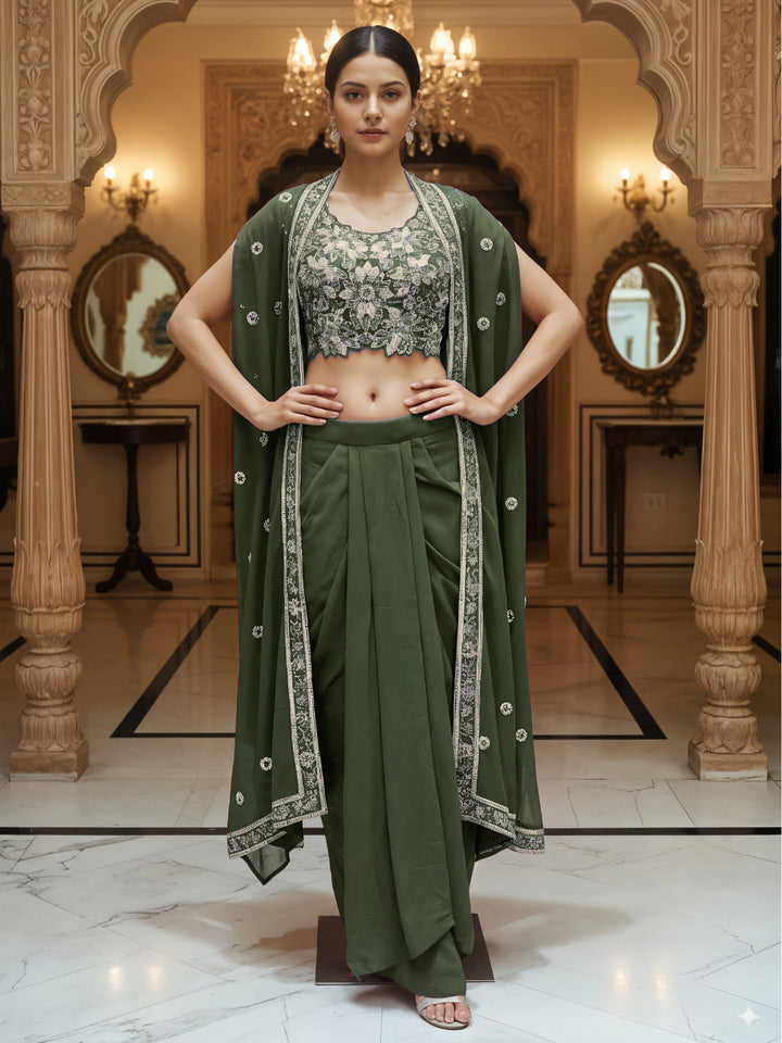 Floral Embroidery Indo-Western Set with Sequinned Shrug, Scalloping & Pleated Dhoti Skirt