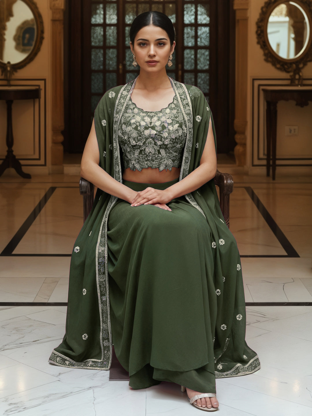 Floral Embroidery Indo-Western Set with Sequinned Shrug, Scalloping & Pleated Dhoti Skirt