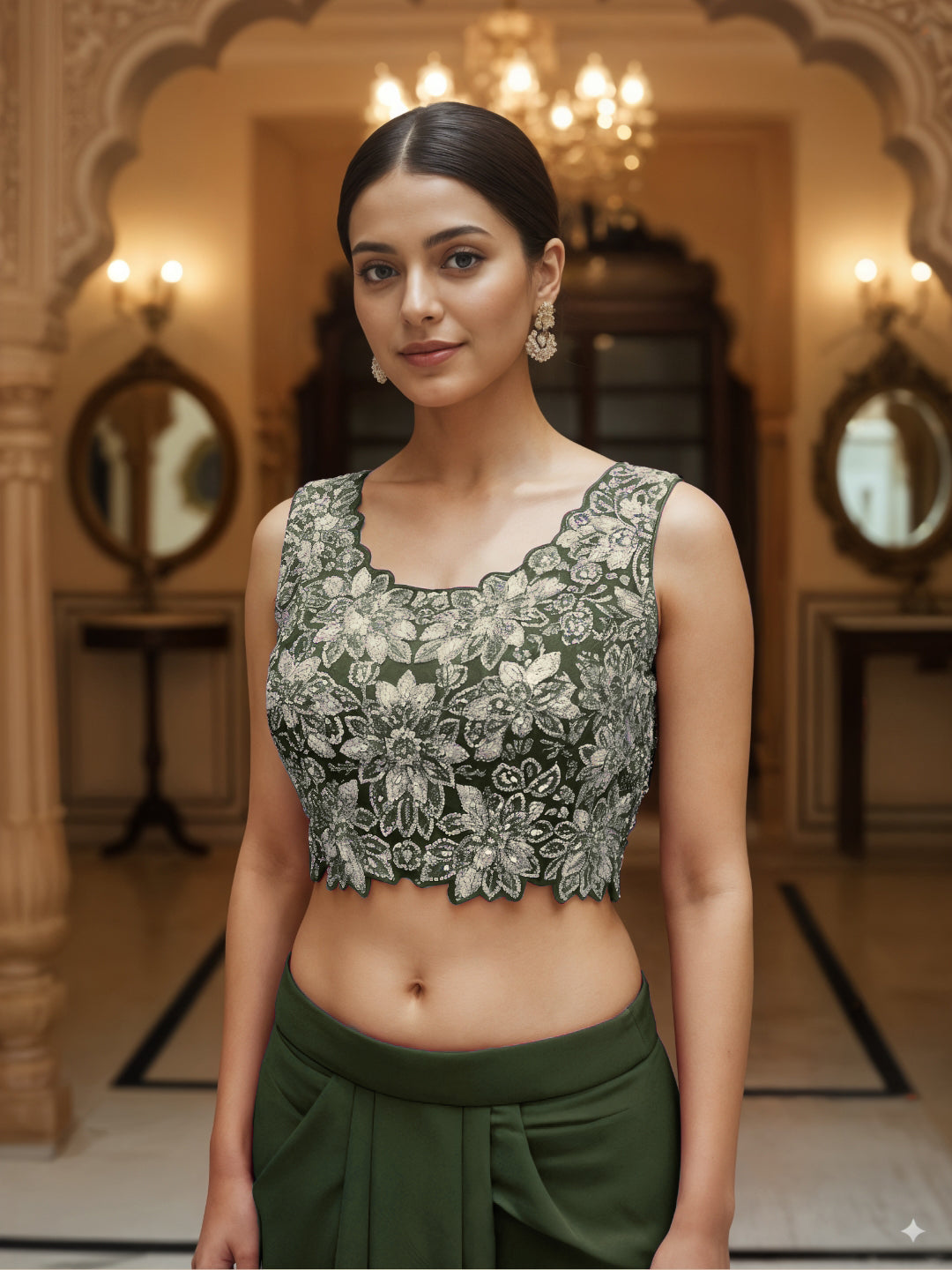 Floral Embroidery Indo-Western Set with Sequinned Shrug, Scalloping & Pleated Dhoti Skirt