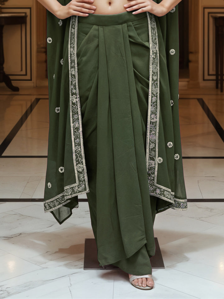 Floral Embroidery Indo-Western Set with Sequinned Shrug, Scalloping & Pleated Dhoti Skirt