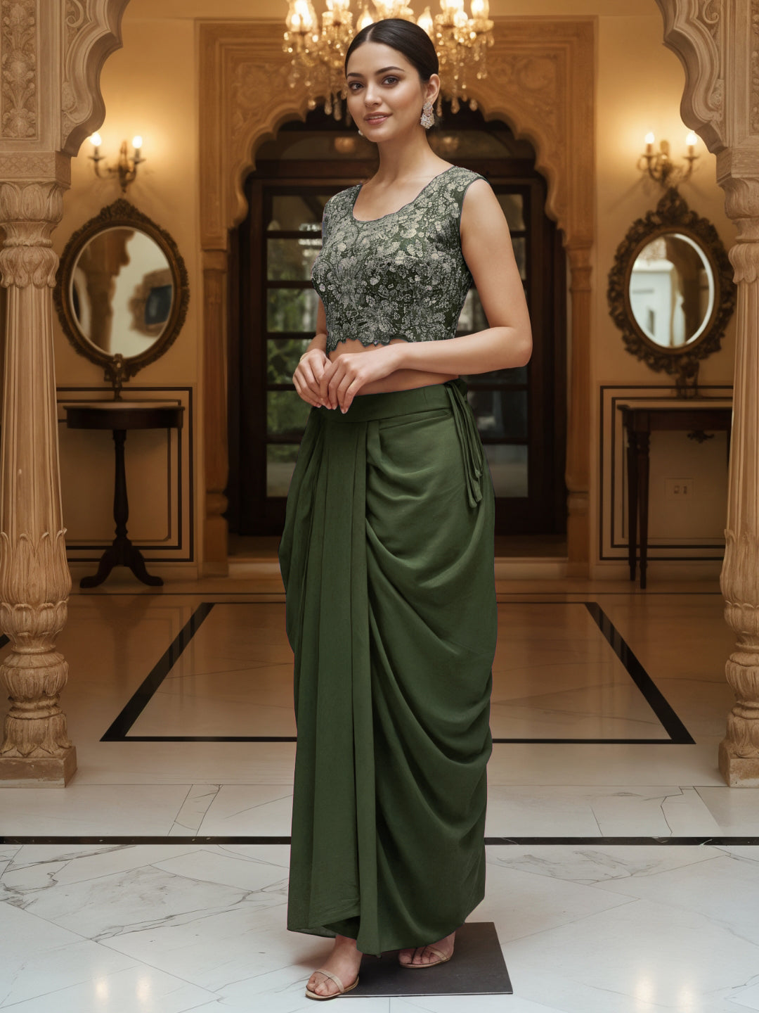 Floral Embroidery Indo-Western Set with Sequinned Shrug, Scalloping & Pleated Dhoti Skirt