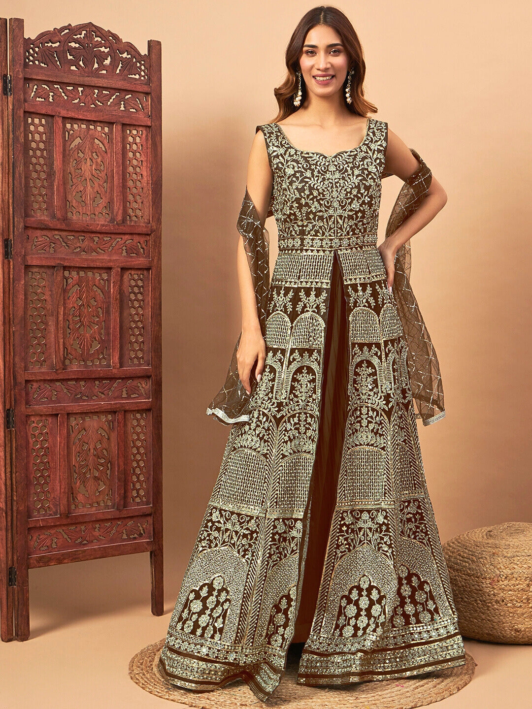 Chhabra 555 Mirror Embroidered Long Front Slit Jacket style Kurta & Accordian Pleated Lehenga