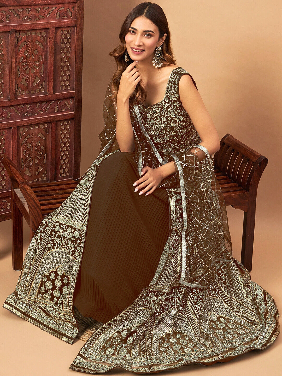 Chhabra 555 Mirror Embroidered Long Front Slit Jacket style Kurta & Accordian Pleated Lehenga