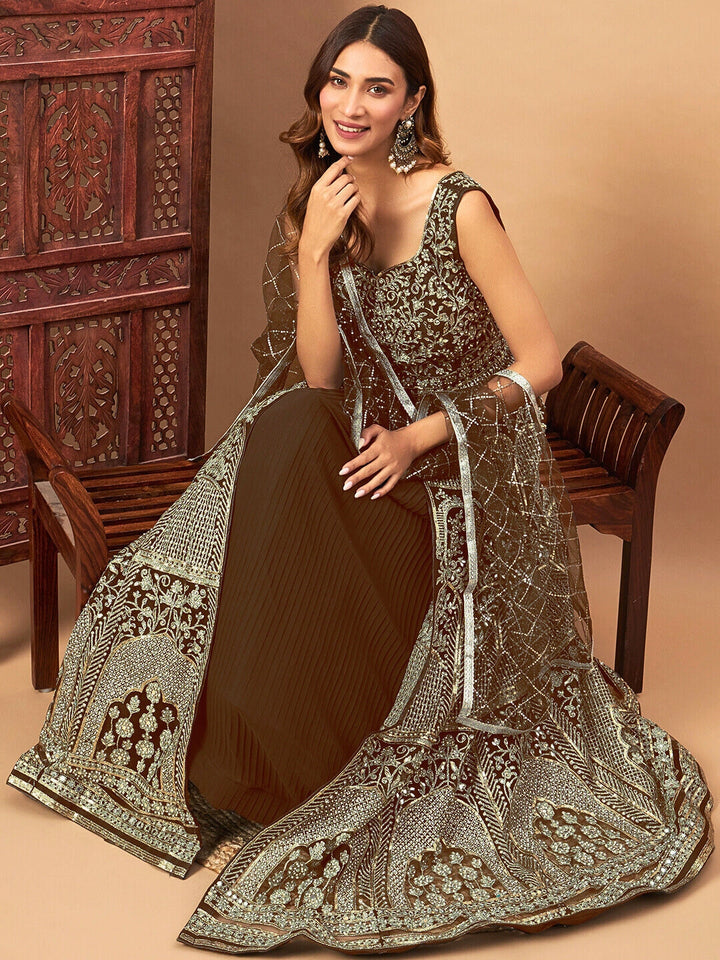 Chhabra 555 Mirror Embroidered Long Front Slit Jacket style Kurta & Accordian Pleated Lehenga