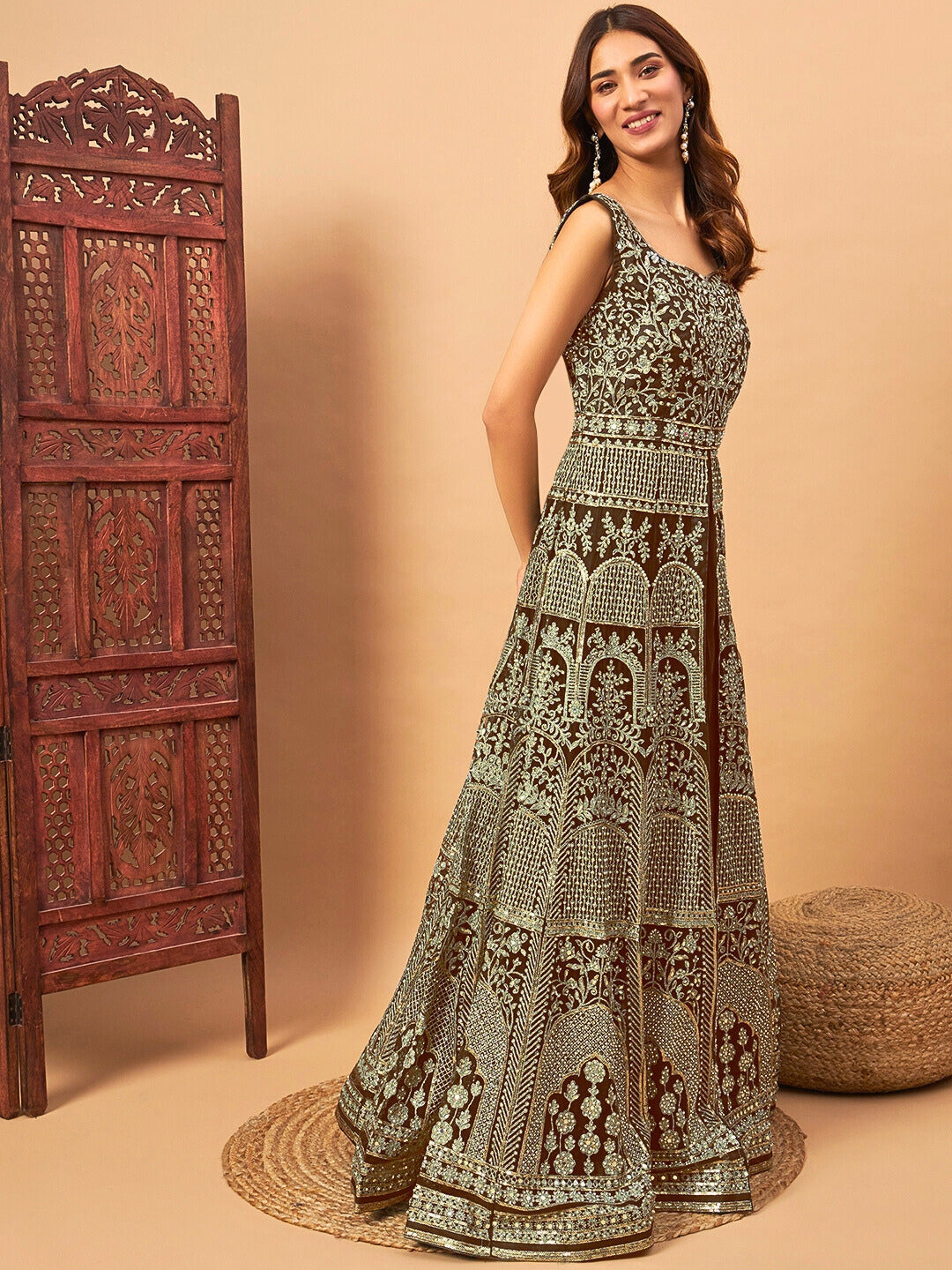 Chhabra 555 Mirror Embroidered Long Front Slit Jacket style Kurta & Accordian Pleated Lehenga