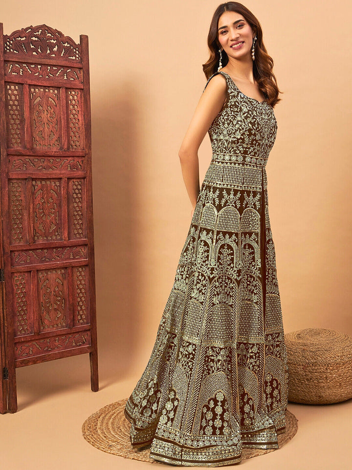 Chhabra 555 Mirror Embroidered Long Front Slit Jacket style Kurta & Accordian Pleated Lehenga