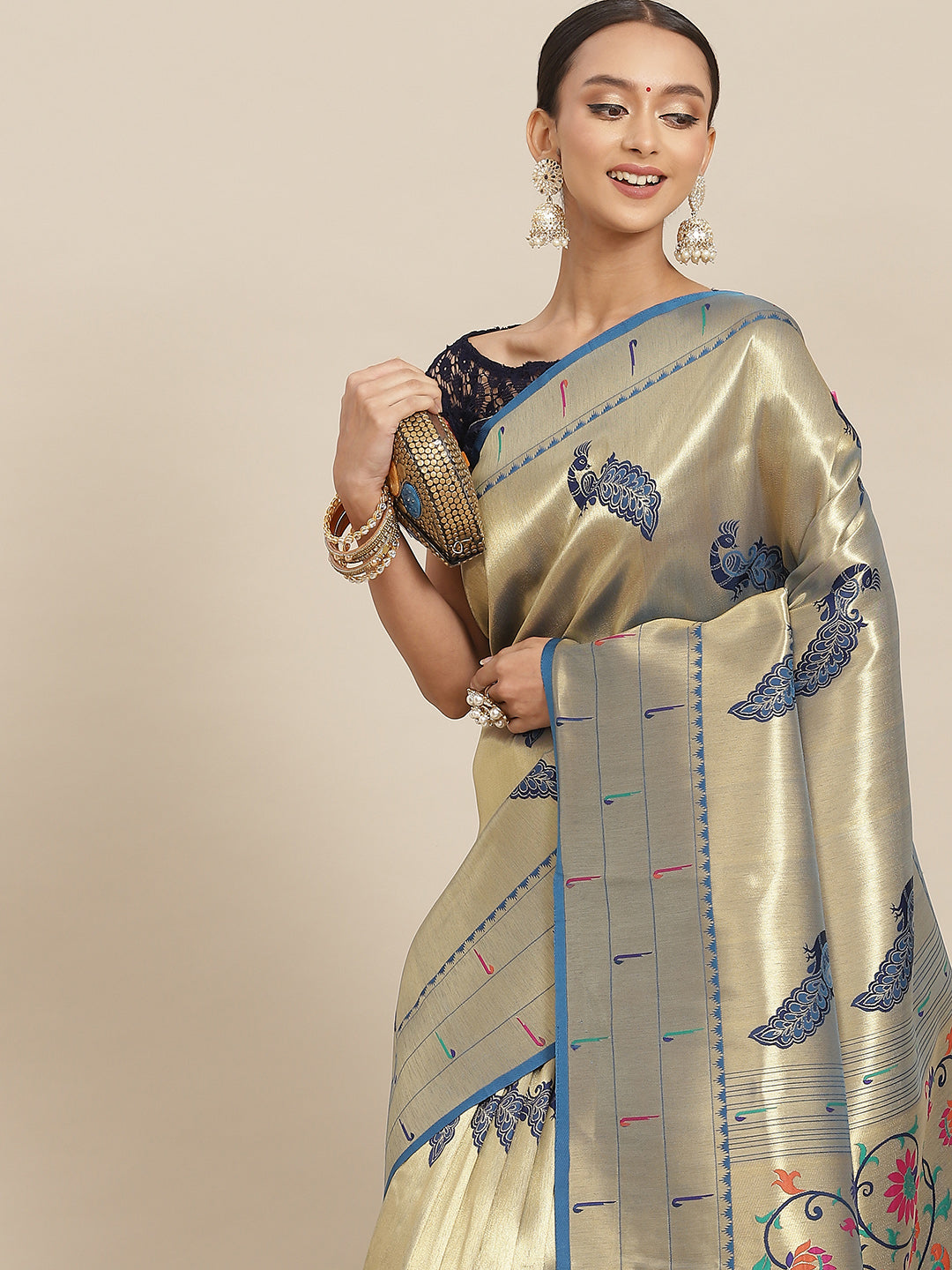 Gold Zari Handwoven Paithani Silk Saree with Meenakari Peacock Motifs