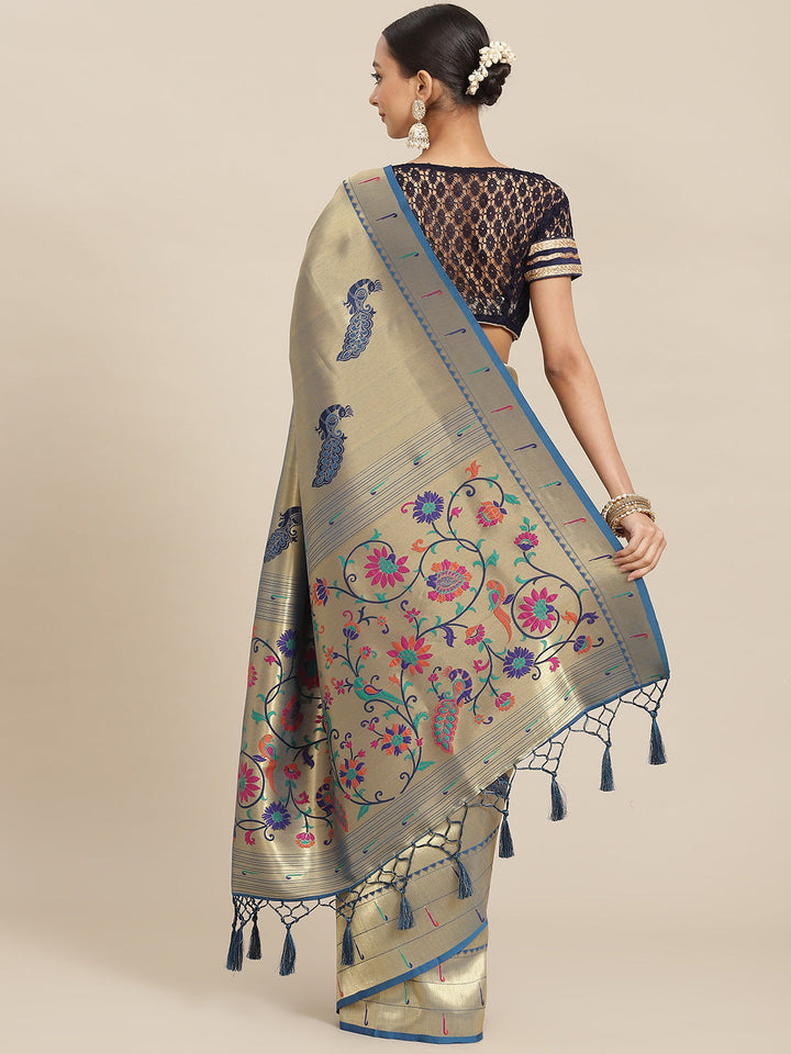 Gold Zari Handwoven Paithani Silk Saree with Meenakari Peacock Motifs