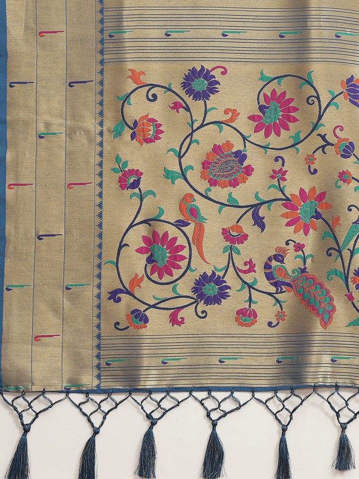 Gold Zari Handwoven Paithani Silk Saree with Meenakari Peacock Motifs