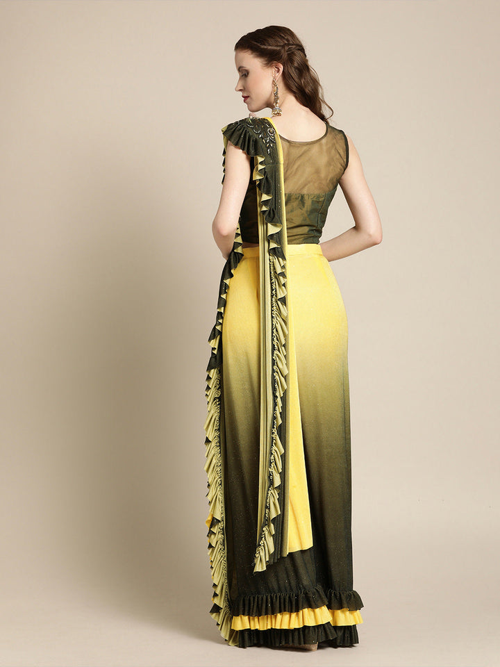 Ruffled Pre-Draped Ombre Shimmer Saree with Frills and Net Crystal Embroidered Blouse