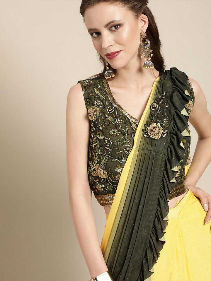 Ruffled Pre-Draped Ombre Shimmer Saree with Frills and Net Crystal Embroidered Blouse