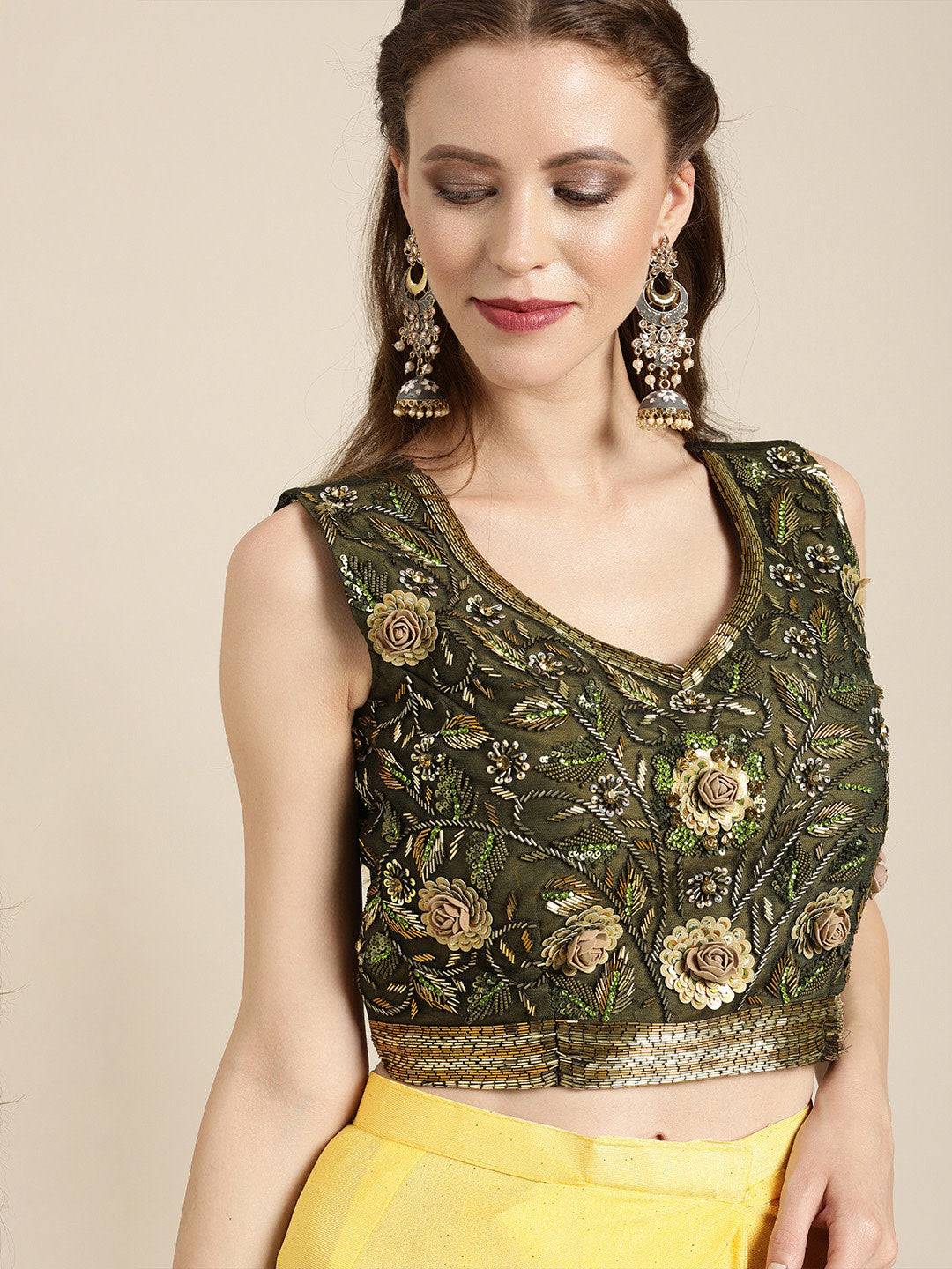 Ruffled Pre-Draped Ombre Shimmer Saree with Frills and Net Crystal Embroidered Blouse