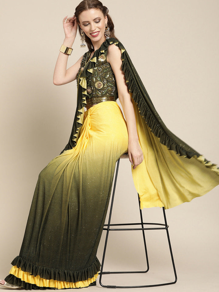 Ruffled Pre-Draped Ombre Shimmer Saree with Frills and Net Crystal Embroidered Blouse
