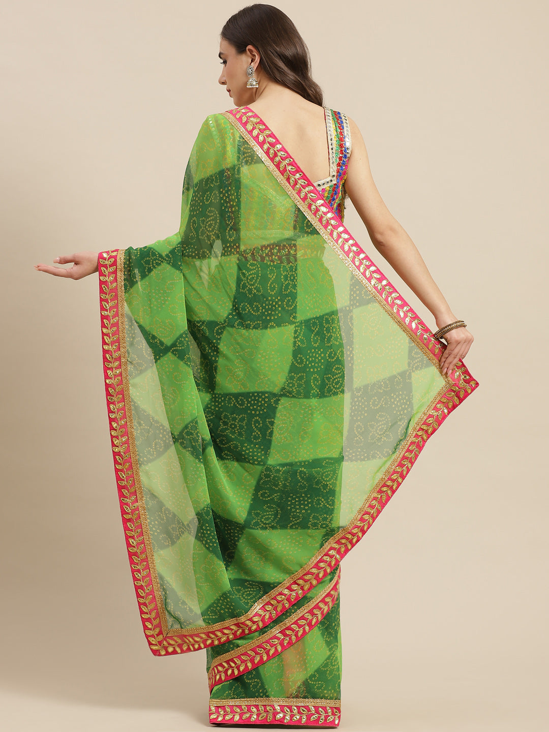 Green Georgette Bandhani Print Saree & Contrast Gota Patti Border