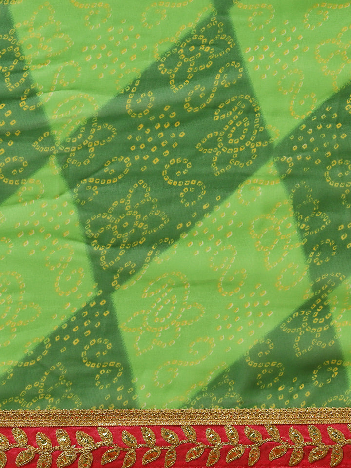 Green Georgette Bandhani Print Saree & Contrast Gota Patti Border