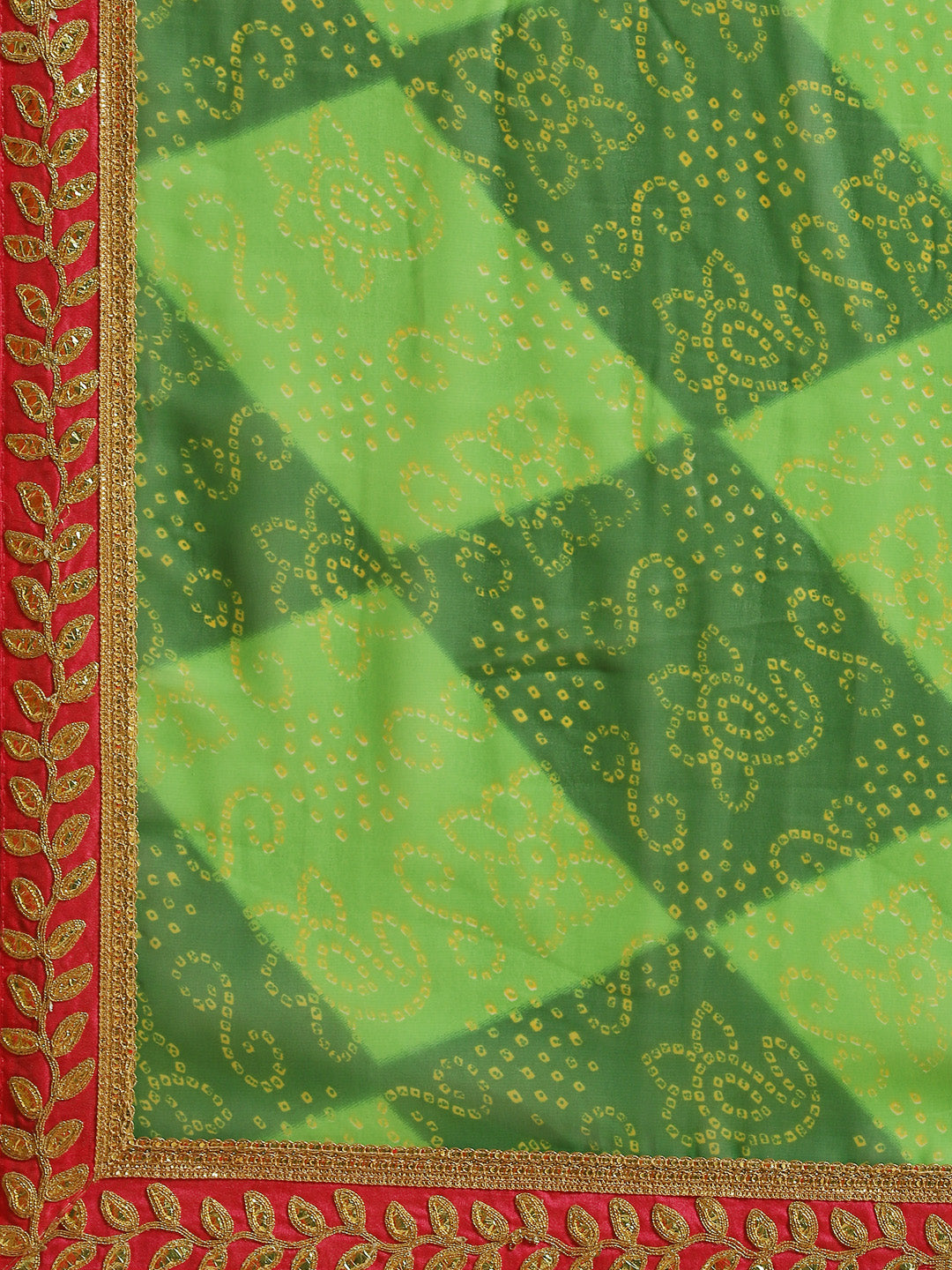 Green Georgette Bandhani Print Saree & Contrast Gota Patti Border