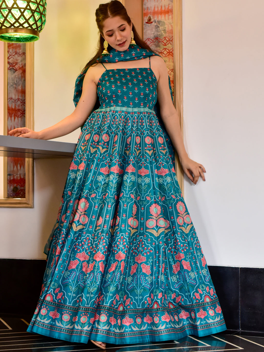 Teal Blue Bright Floral Digital Print Kalidar Long Gown With Dupatta