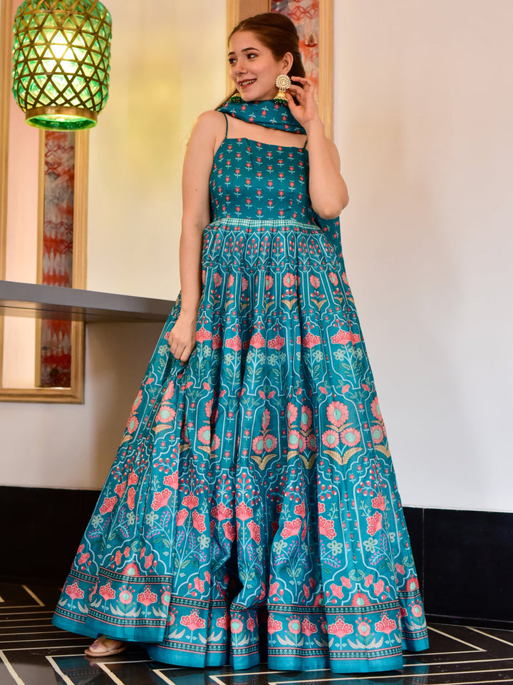 Teal Blue Bright Floral Digital Print Kalidar Long Gown With Dupatta