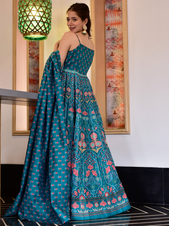 Teal Blue Bright Floral Digital Print Kalidar Long Gown With Dupatta