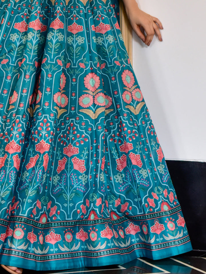 Teal Blue Bright Floral Digital Print Kalidar Long Gown With Dupatta