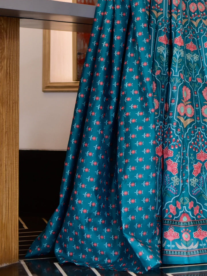 Teal Blue Bright Floral Digital Print Kalidar Long Gown With Dupatta