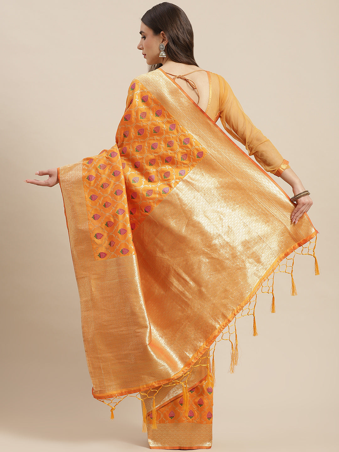 Orange Silk Meenakari Banarasi Saree Embellished With Ethnic Motifs