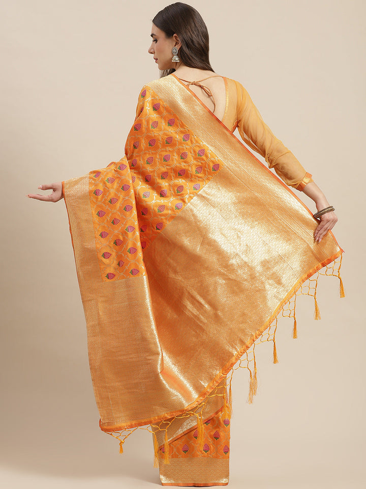 Orange Silk Meenakari Banarasi Saree Embellished With Ethnic Motifs