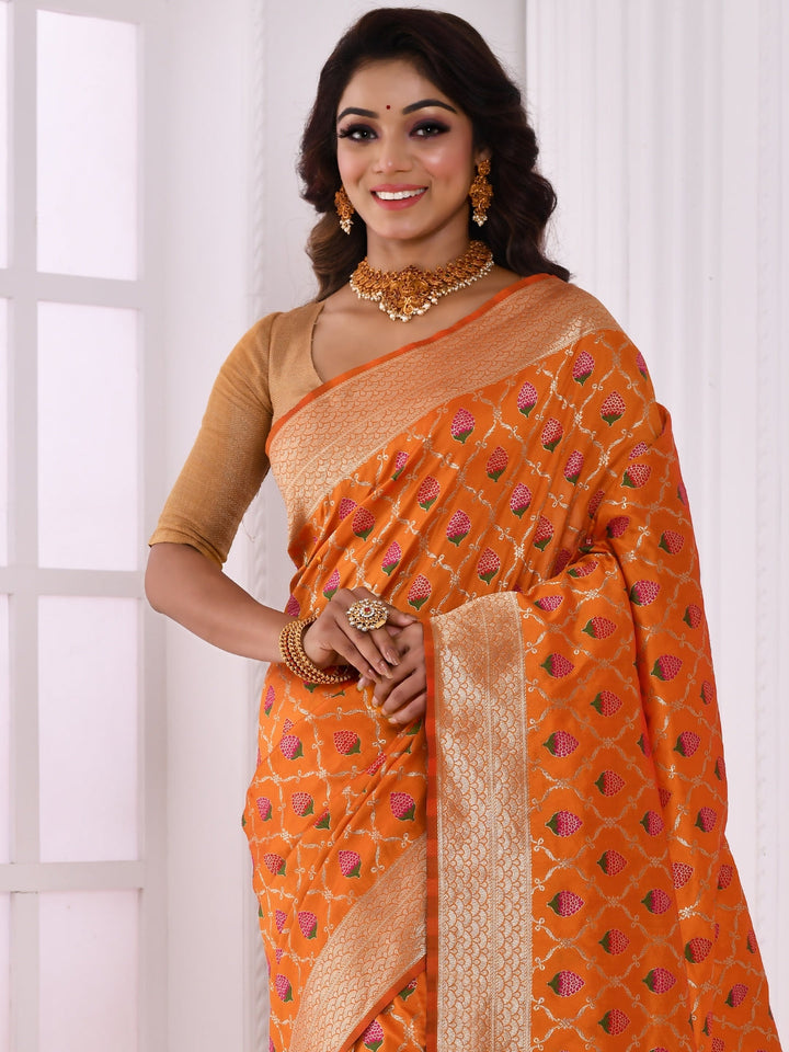 Mustard & Orange Ethnic Motifs Zari Art Silk Banarasi Saree