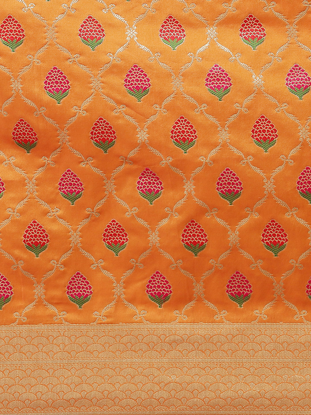 Orange Silk Meenakari Banarasi Saree Embellished With Ethnic Motifs