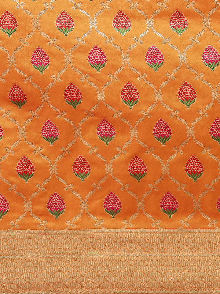 Orange Silk Meenakari Banarasi Saree Embellished With Ethnic Motifs