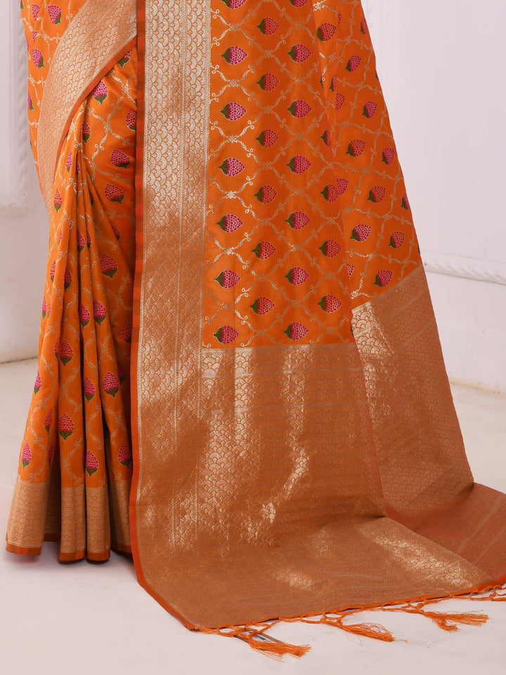 Mustard & Orange Ethnic Motifs Zari Art Silk Banarasi Saree