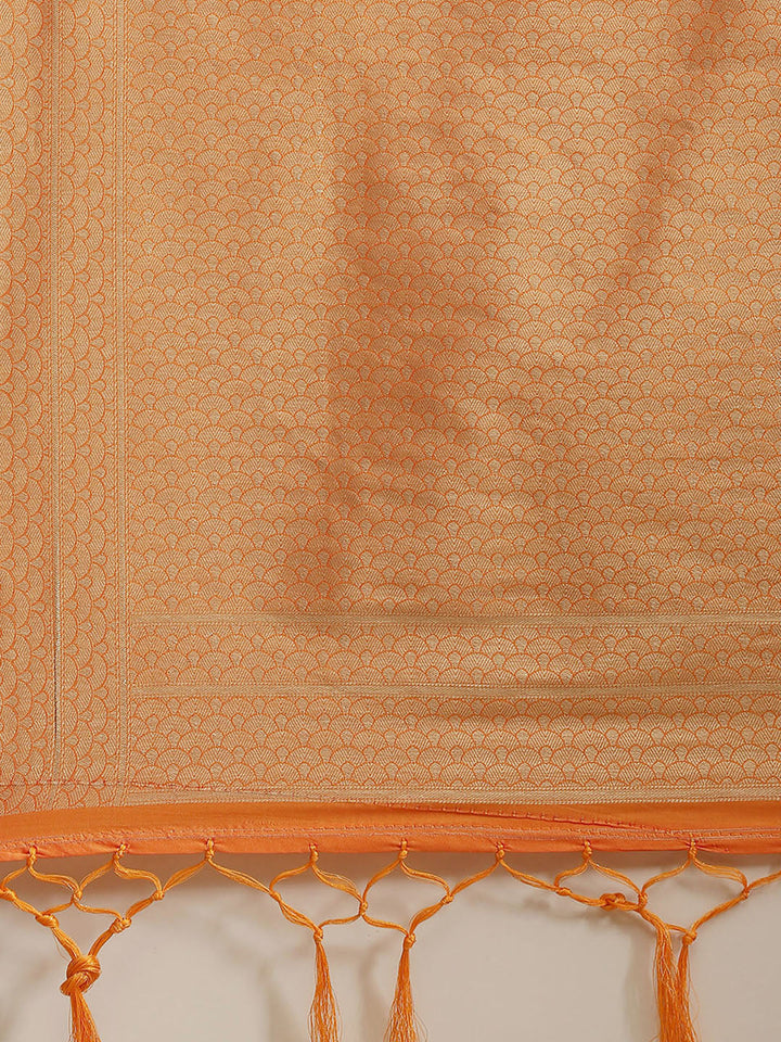 Orange Silk Meenakari Banarasi Saree Embellished With Ethnic Motifs