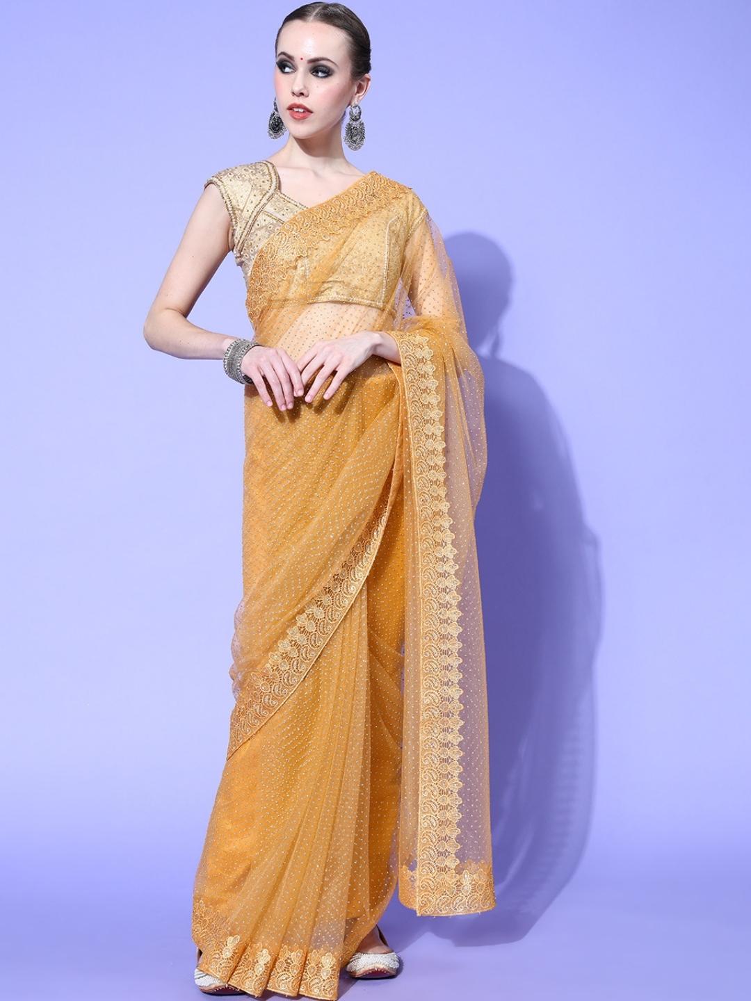 Mustard Haldi Bling Net Saree with Chantilly Lace Embellished Border