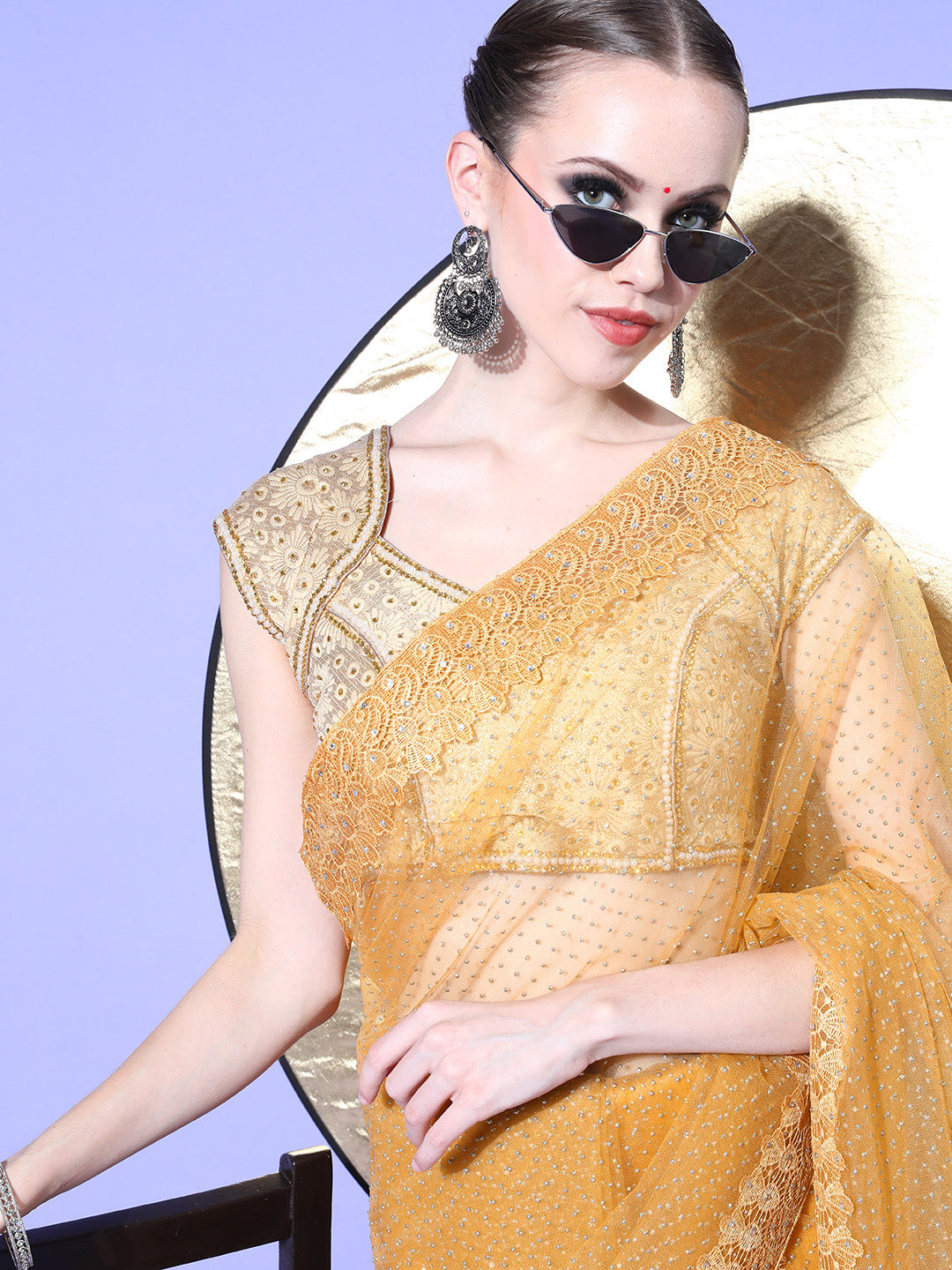 Mustard Haldi Bling Net Saree with Chantilly Lace Embellished Border