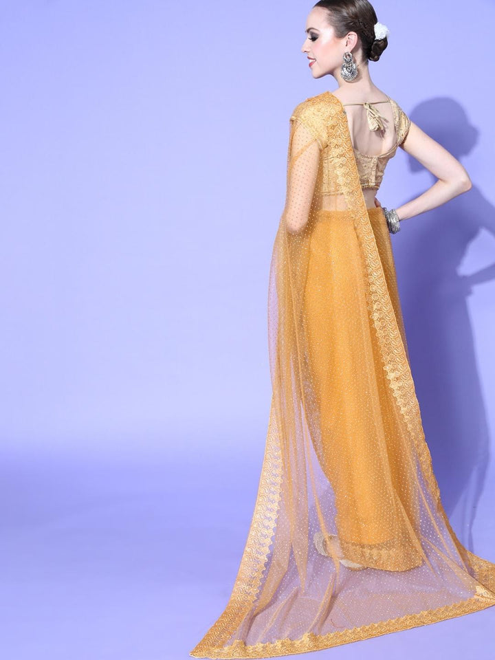 Mustard Haldi Bling Net Saree with Chantilly Lace Embellished Border