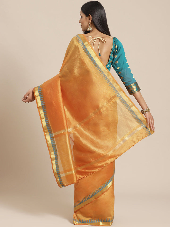 Mustard Narayan Peth Handloom Chanderi Saree with Temple Gold Zari & Resham Weaving