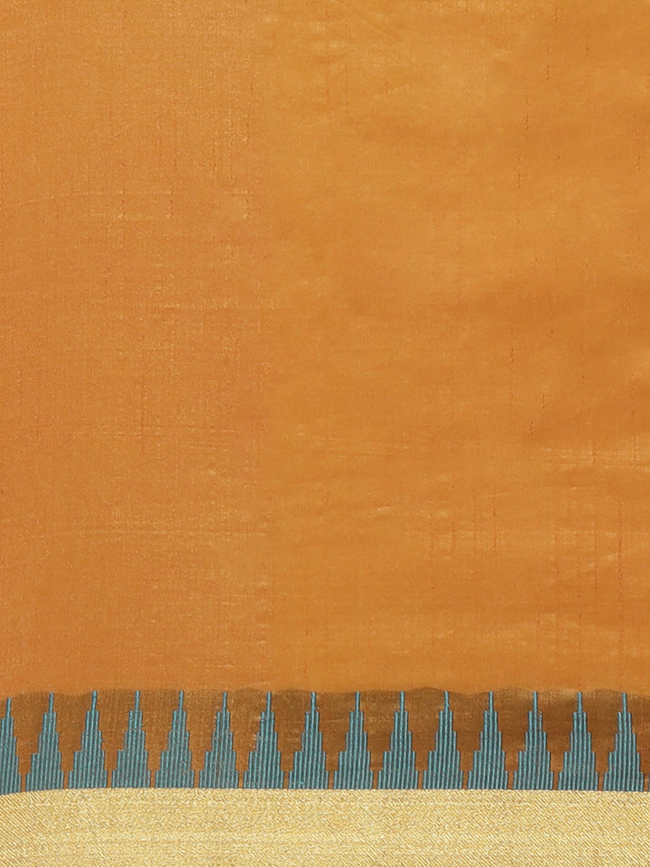 Mustard Narayan Peth Handloom Chanderi Saree with Temple Gold Zari & Resham Weaving