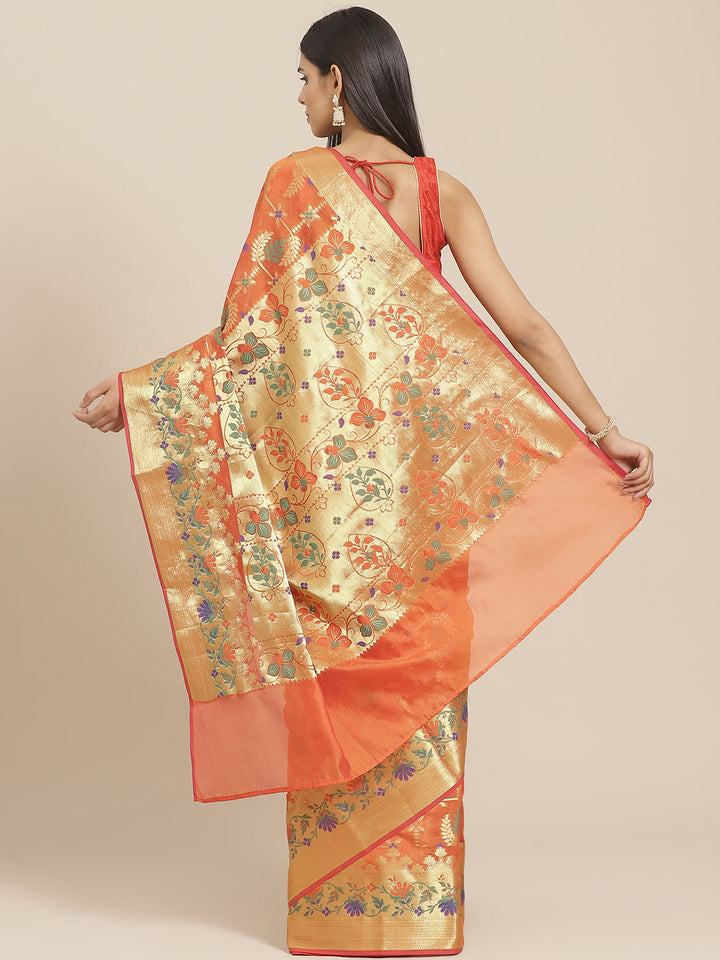 Banarasi Chanderi Saree with Gold Zari & Resham Artistic Motifs & Floral Woven border