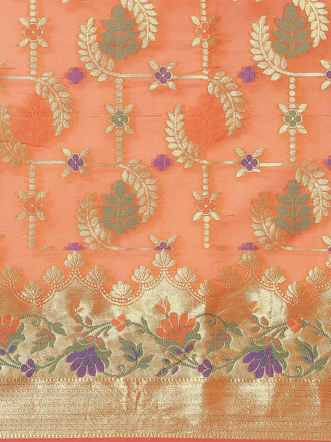 Banarasi Chanderi Saree with Gold Zari & Resham Artistic Motifs & Floral Woven border