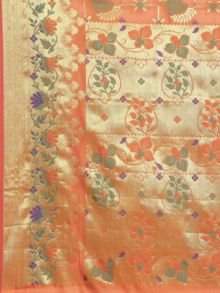 Banarasi Chanderi Saree with Gold Zari & Resham Artistic Motifs & Floral Woven border