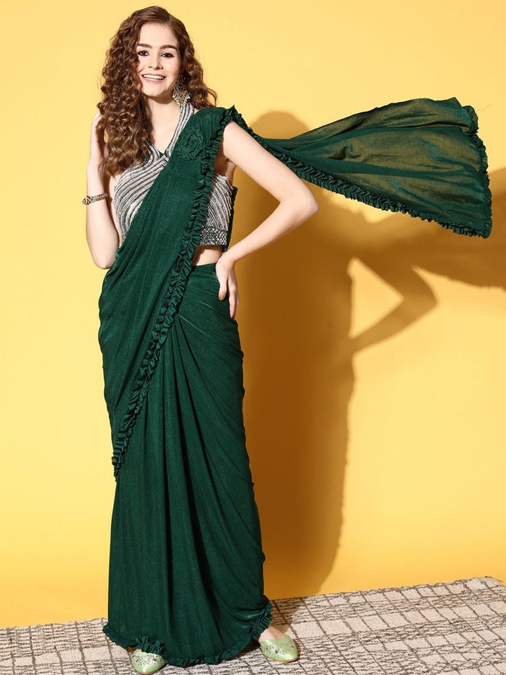 Bottle Green Ready To Wear Lycra Saree with Pearl, Halter Neck Blouse