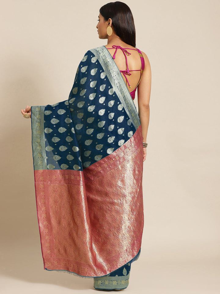 Blue Silk Blend Banarasi Woven Saree With Contrast Pallu